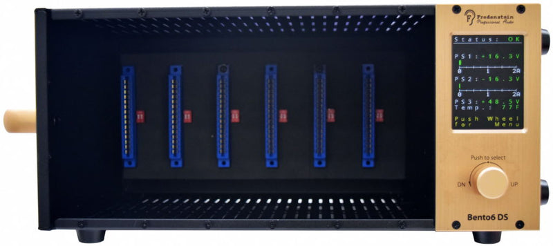 New Fredenstein Bento 6DS - The Most Advanced Module Carrier with Color Screen and Rotary Encoder for Digital Routing and Control of Six Fredenstein Series 600 modules or API-500 Compatible Plug-in Cards in 3U 19 Inch Rack-Mount Format.